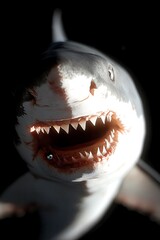Close up view of a marine predator's head, showing its open mouth with visible teeth and a reddish interior. The lighting highlights the sharp teeth