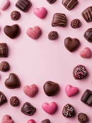 Fototapeta premium A Symphony of Hearts: A Delightful Collection of Exquisite Chocolate Hearts, Beautifully Displayed on a Pastel Pink Surface, Creating a Scene of Pure Romance and Sweet Indulgence
