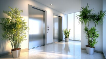 Modern building elevator lobby with plants and sunlight.