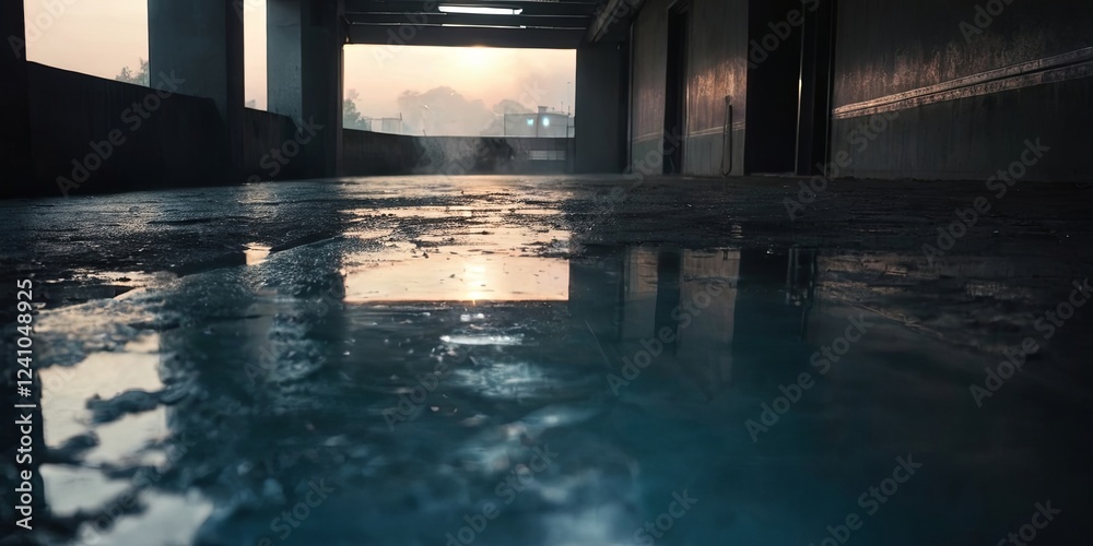 Poster a large empty room with a puddle of water on the floor
