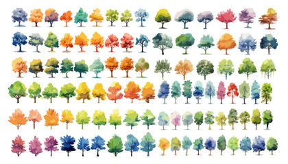 Watercolor trees set, vector, top view, hand-drawn, summer spring trees, landscape plan, architecture layout, environment, garden, decorative, isolated, artistic, illustration