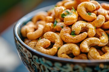 Naklejka premium close-up of cashew nuts drizzled with golden honey in an elegant ceramic dish, exuding warmth and deliciousness, perfect for a cozy gathering