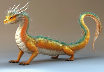 Fototapeta premium A pixelated fantasy dragon, side view, with vibrant orange, yellow, and light green scales, light beige underbelly, and spiky details on head and