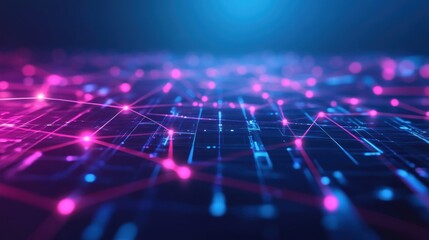 Obraz premium A digital grid perspective shot featuring luminous pink and blue interconnected lines and nodes