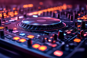 a futuristic DJ performing on stage with neon lights, turntables, and a dancing crowd, vibrant colors