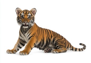 Obraz premium A small tiger cub is seated against a plain white background. The cub has an engaging expression and clear tiger stripes. The cub is posed in a