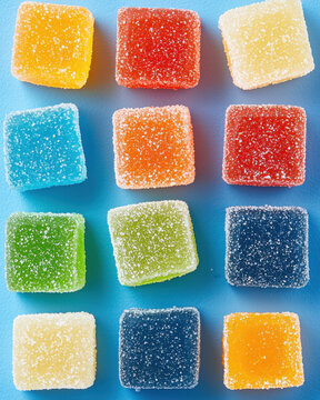 Colorful sugar coated gummies arranged in grid on blue background