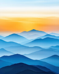 Obraz premium Majestic mountain range at sunrise with soft blue hues and warm sky