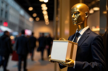 A golden mannequin holds a gift in his hands against the background of a crowd of people at sales