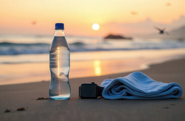 fitness concept with a bottle of water, towel on the beach at sunset