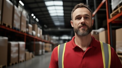 A man in a red shirt stands in a warehouse. He is wearing a yellow vest and a yellow stripe on his shirt