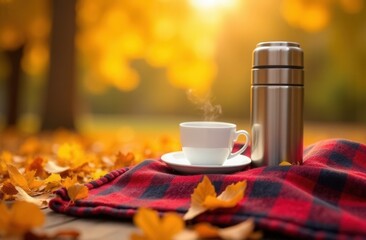Autumn picnic with thermos and tea on a red plaid rug on a wooden terrace with autumn flowers