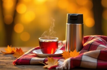 Autumn picnic with thermos and tea on a red plaid rug on a wooden terrace with autumn flowers