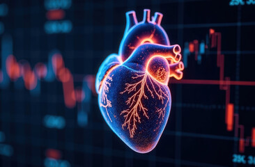 Human heart anatomy connecting on a blue background. Futuristic glowing hologram of an organ in translucent red and blue color and a place for text. Medical anatomical concept. 
