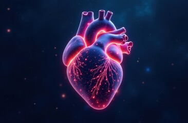 Human heart anatomy connecting on a blue background. Futuristic glowing hologram of an organ in translucent red and blue color and a place for text. Medical anatomical concept.