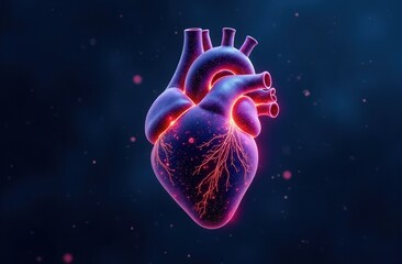 Human heart anatomy connecting on a blue background. Futuristic glowing hologram of an organ in translucent red and blue color and a place for text. Medical anatomical concept.