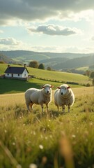 Obraz premium Peaceful rural landscape with sheep on a green hillside in countryside setting