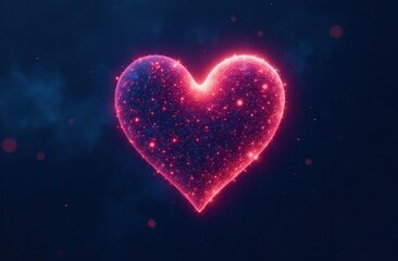 The digital heart symbol glows in a futuristic style. Pink glowing heart on the background of space