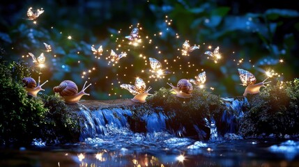 Obraz premium Magical snails with glowing butterflies near a waterfall at night.