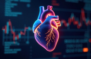 Human heart anatomy connecting on a blue background. Futuristic glowing hologram of an organ in translucent red and blue color and a place for text. 