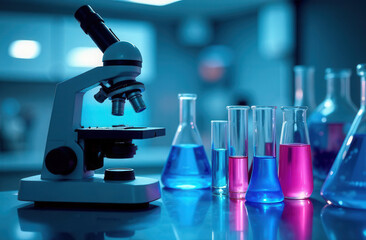 Science laboratory chemistry test science lab with microscope, glass tubes, chemical beaker white table scientific background. Colorful Liquid biology laboratory chemical fluid scientist experiment