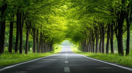 Obraz premium A straight road flanked by tall trees, leading to the horizon in bright daylight 