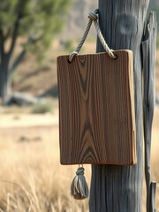 Vintage wooden signboard with a rope chain hanging on a wooden fence, chain, signboard