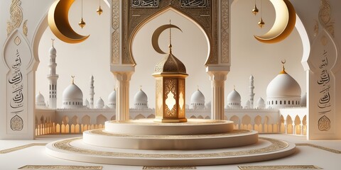Fototapeta premium Elegant mosque interior with crescent moons and ornate decorations at dusk showcasing cultural beauty