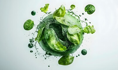 Obraz premium Green smoothie splash with spinach & basil; healthy food concept; white background; website banner