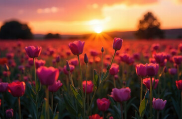 A landscape with a beautiful sunset over a field of tulips