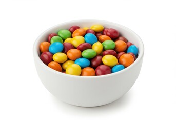 White bowl with colorful candy coated chocolates isolated on White background