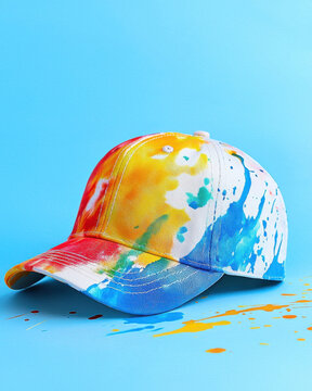 Colorful tie dye cap with vibrant splashes on blue background
