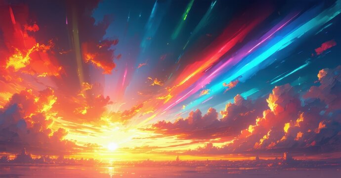 A vibrant sunset painting the sky with streaks of birthday-colored hues, creating a warm and festive atmosphere filled with soft light and dynamic color transitions