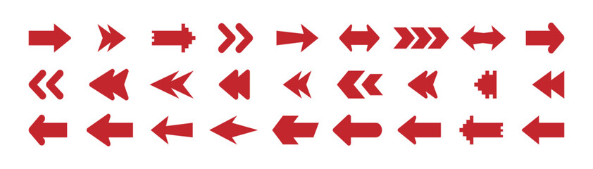 Red Arrow icon set. Arrow. Cursor. Collection of different arrow signs. Black arrows icons. Different cursor arrow direction symbols in flat style. Vector illustration.