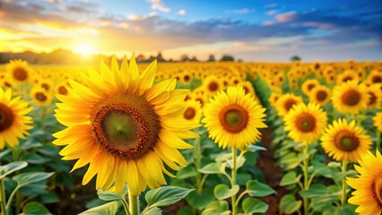 Fototapeta premium Vibrant sunflower field with bright yellow flowers swaying gently in the breeze, field, outdoor, sunflowers, yellow