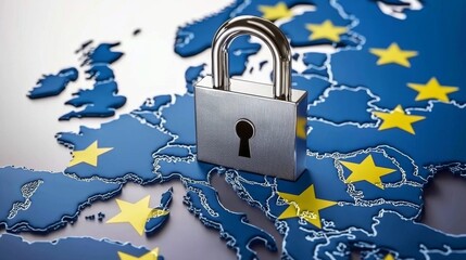 Security Lock on Map of Europe Representing Data Protection and Privacy in the European Union