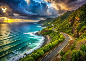 Dramatic Coastal Highway Panoramic: Ocean Waves Crashing on Lush Green Shore