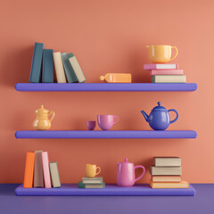Books and kitchenware on shelves create cheerful atmosphere