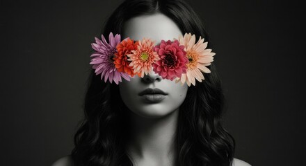 Naklejka premium Mysterious woman with floral eye cover in black and white portrait photography