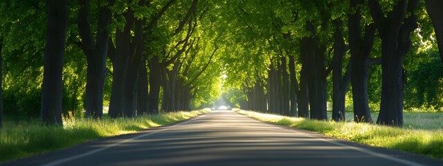 Obraz premium A straight road flanked by tall trees, leading to the horizon in bright daylight 