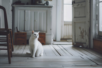 White cat in rustic apartment