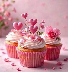 Valentine's Day cupcakes with hearts and flowers in pastel colors, cake decorating, holiday