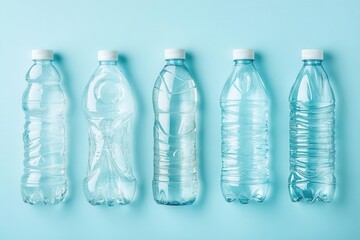 collection of clear plastic bottles filled with water, artistically arranged on a soft blue background, emphasizing their transparency and sustainability in the beverage industry