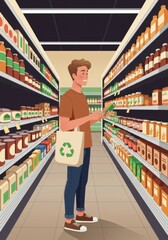 Fototapeta premium Eco-conscious shopper choosing sustainable products in modern grocery aisle