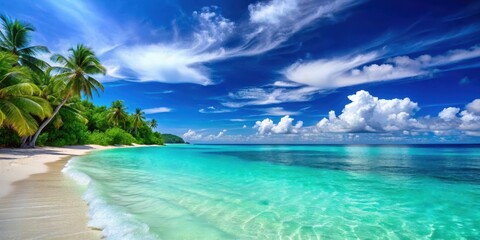 Fototapeta premium Tropical beach scene with turquoise ocean and blue sky , tropical beach, serene atmosphere