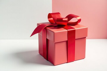 Obraz premium Simple red gift bow made of ribbon on a white surface, red, present