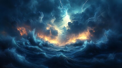 Dramatic ocean storm, lightning, sunset, turbulent waves, fantasy art