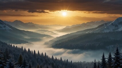 Obraz premium A breathtaking view of the sun setting over misty valleys and snow-covered pine forests in a mountainous region, evoking a sense of tranquility and natural beauty.