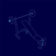 A blue drawing of a weight bench with a barbell on it. The bench is a bench press and the barbell is a dumbbell