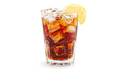 A refreshing cola served with a lemon twist and ice cubes in a tall glass.